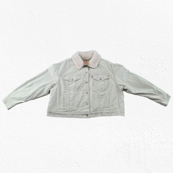 Levi’s Baby Baggy Crop Corduroy Sherpa Trucker Jacket Meadow Mist Green Size 2X - Picture 8 of 16